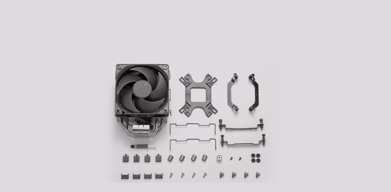 A Cooler Master Hyper 212 Black Edition CPU cooler and all mounting hardware are on display.